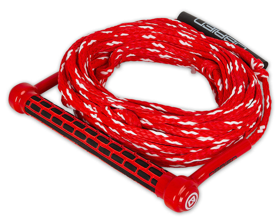 Angled view of the O'Brien 1-Section Deep-V Ski Combo Rope and Handle, with a red handle with a deep-V design and red rope.