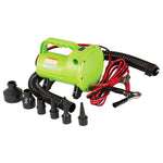 O'Brien 12V High-Pressure Tube Inflator, a green pump with a handle, black hose and multiple nozzle attachments.