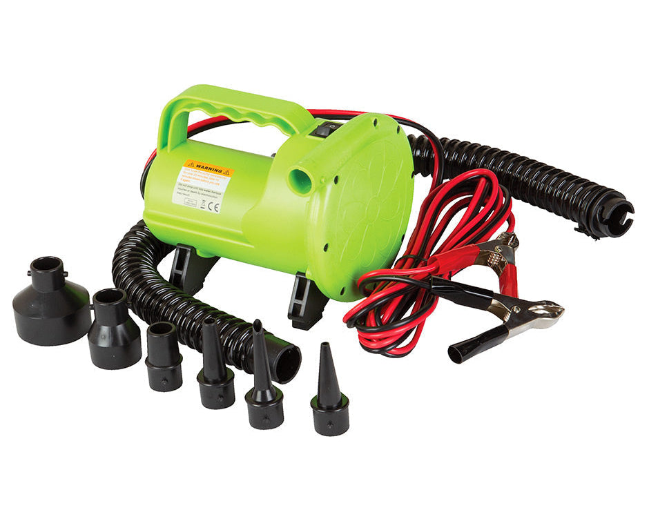 O'Brien 12V High-Pressure Tube Inflator, a green pump with a handle, black hose and multiple nozzle attachments.