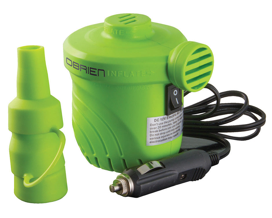 O'Brien 12V Inflator, a compact green pump with a black car adapter, a switch, and a single green nozzle attachment.