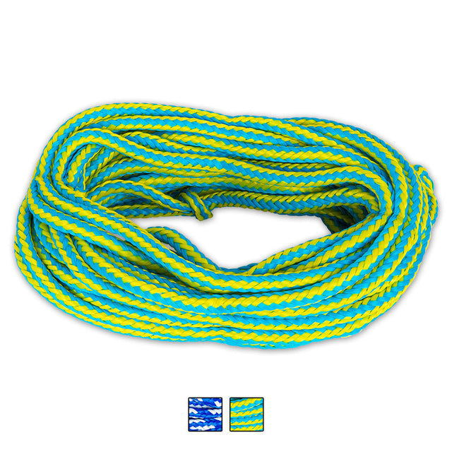 O'Brien 2-Person Floating Tube Rope, a coiled yellow and blue braided rope designed for two riders.