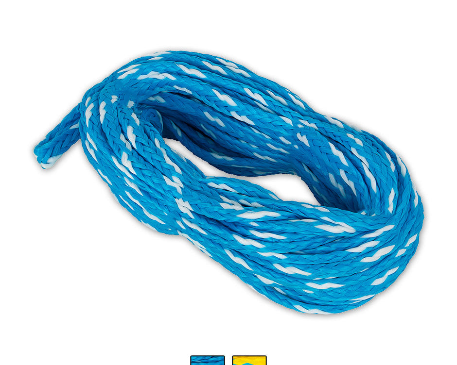 Coiled blue and white O'Brien 2-Person Tube Rope, a durable braided rope designed for towing up to two riders.