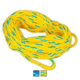 Coiled yellow and blue O'Brien 2-Person Tube Rope, a strong braided rope made for safely towing two riders.