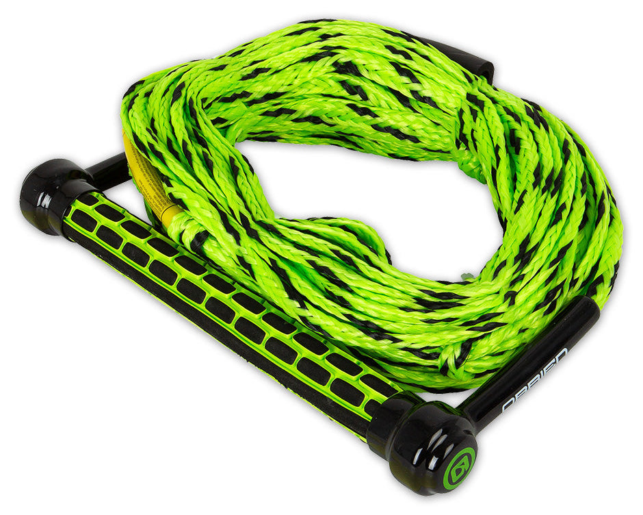 Angled view of the O'Brien 2-Section All Purpose Combo Rope and Handle, with a green and black grip with a matching rope.