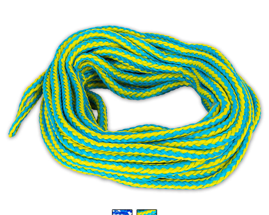 O'Brien 4-Person Floating Tube Rope, a coiled yellow and blue braided rope designed for four riders.