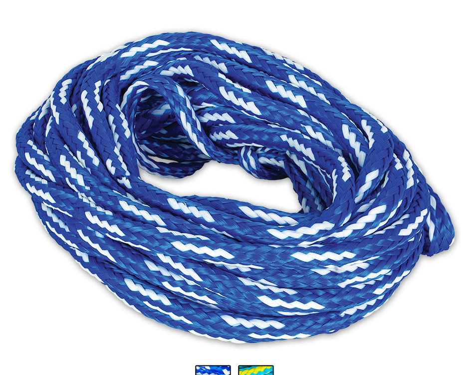 O'Brien 4-Person Floating Tube Rope, a coiled blue and white braided rope designed for four riders.