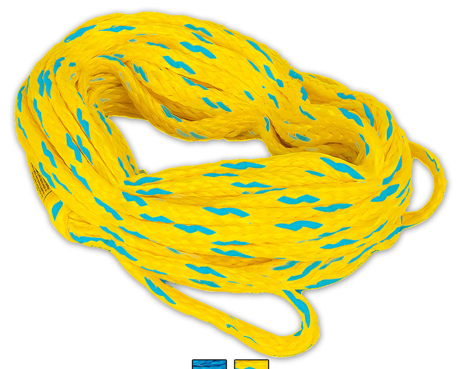Coiled yellow and blue O'Brien 4-Person Tube Rope, a sturdy tow rope designed for up to four riders.