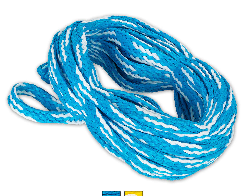 Coiled blue and white O'Brien 4-Person Tube Rope, a high-strength braided rope made for towing four riders.