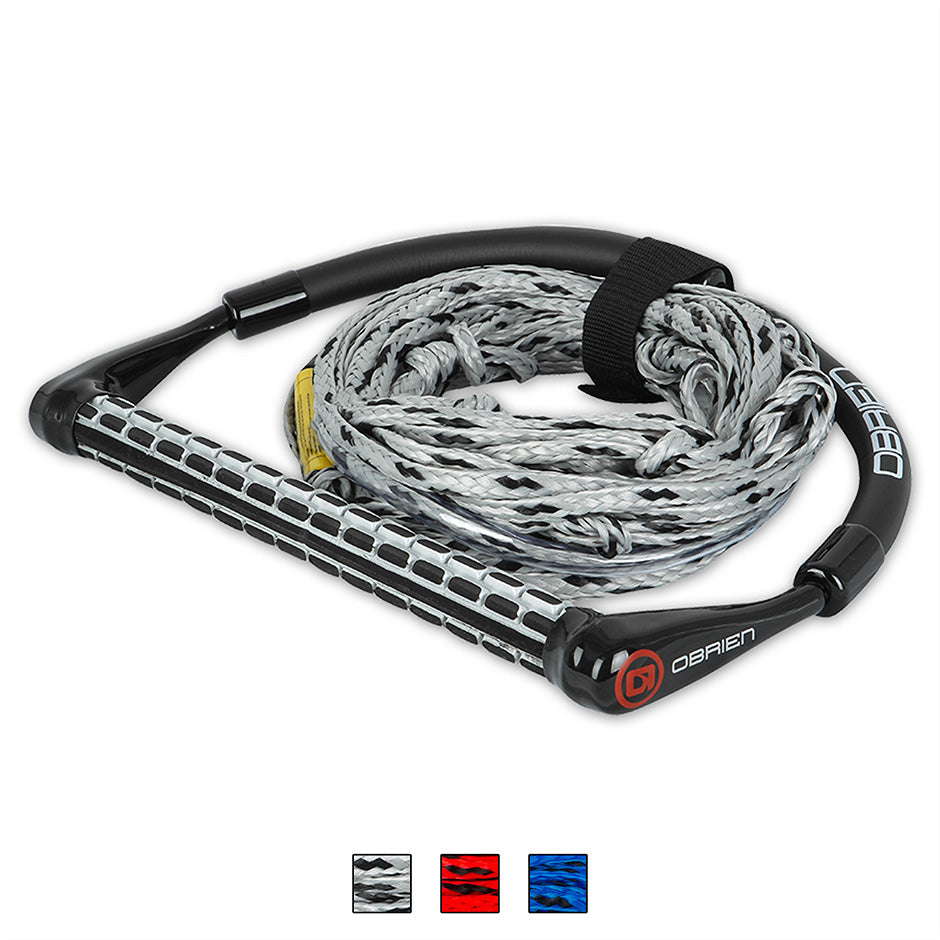 Angled view of the O'Brien 4-Section Poly-E Wakeboard Rope and Handle Combo in gray, with padded handle and coiled rope.