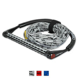 Angled view of the O'Brien 4-Section Poly-E Wakeboard Rope and Handle Combo in gray, with padded handle and coiled rope.