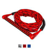 Angled view of the O'Brien 4-Section Poly-E Wakeboard Rope and Handle Combo in red, with a lightweight handle and rope.