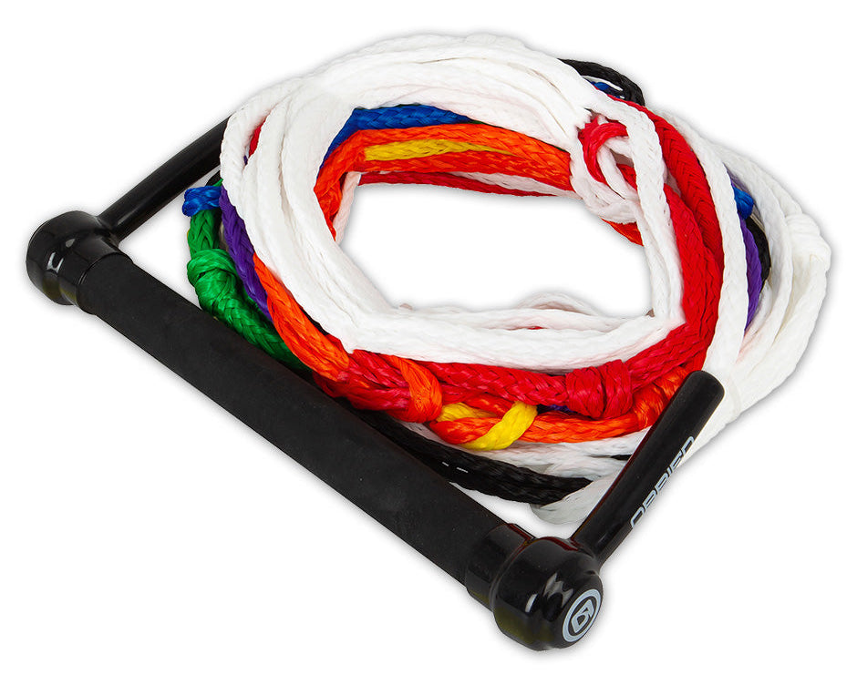 Angled view of the O'Brien 8-Section Ski Combo Rope and Handle with a black grip handle and white rope with colored sections.
