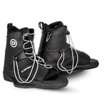 O'Brien Access Wakeboard Bindings in black with white laces, open toes, and secure ankle support.