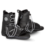 O'Brien Access Wakeboard Bindings in black with white laces, open toes, and secure ankle support.