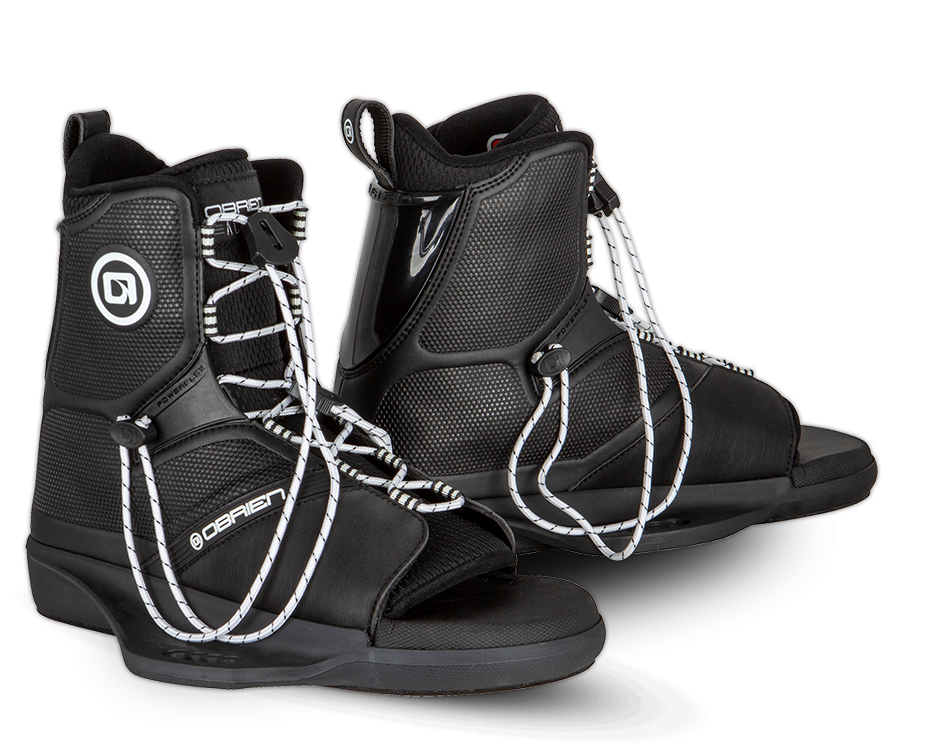 O'Brien Access Wakeboard Bindings in black with white laces, open toes, and secure ankle support.
