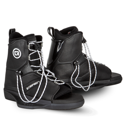 O'Brien Access Wakeboard Bindings in black with white laces, open toes, and secure ankle support.