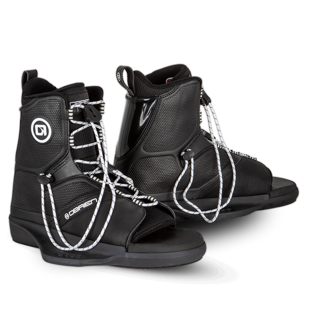 O'Brien Access Wakeboard Bindings in black with white laces, open toes, and secure ankle support.