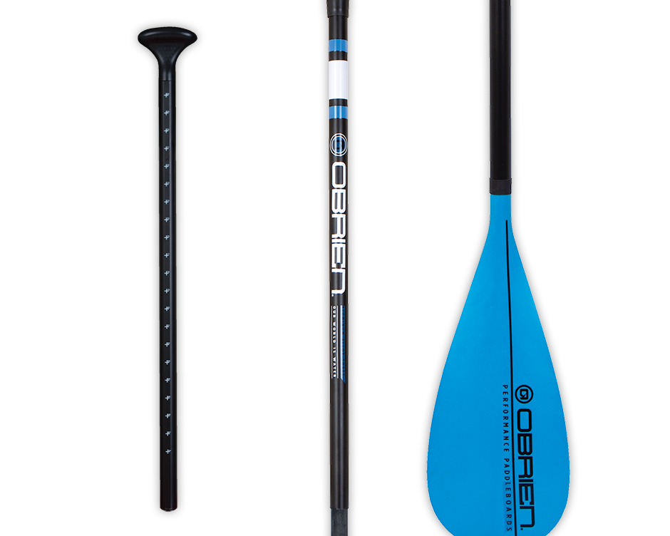 Three-piece O'Brien Adventure Travel Paddle with a blue blade, adjustable black shaft, and ergonomic grip.