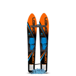 Top and base view of the O'Brien All-Star Trainer Waterskis in orange and black with blue child-friendly adjustable bindings.