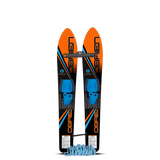 Top and base view of the O'Brien All-Star Trainer Waterskis in orange and black with blue child-friendly adjustable bindings.