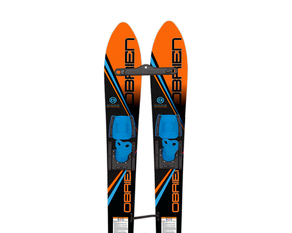 Top and base view of the O'Brien All-Star Trainer Waterskis in orange and black with blue child-friendly adjustable bindings.