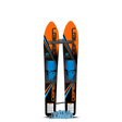 Top and base view of the O'Brien All-Star Trainer Waterskis in orange and black with blue child-friendly adjustable bindings.