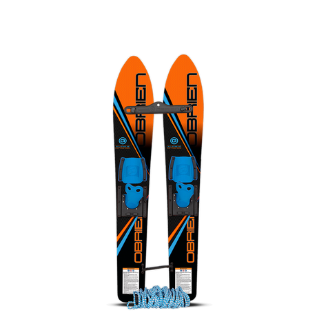 Top and base view of the O'Brien All-Star Trainer Waterskis in orange and black with blue child-friendly adjustable bindings.