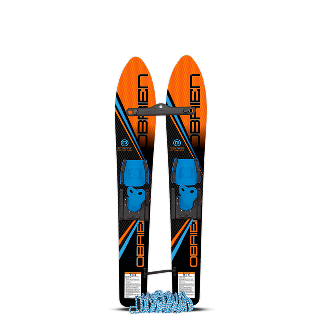 Top and base view of the O'Brien All-Star Trainer Waterskis in orange and black with blue child-friendly adjustable bindings.