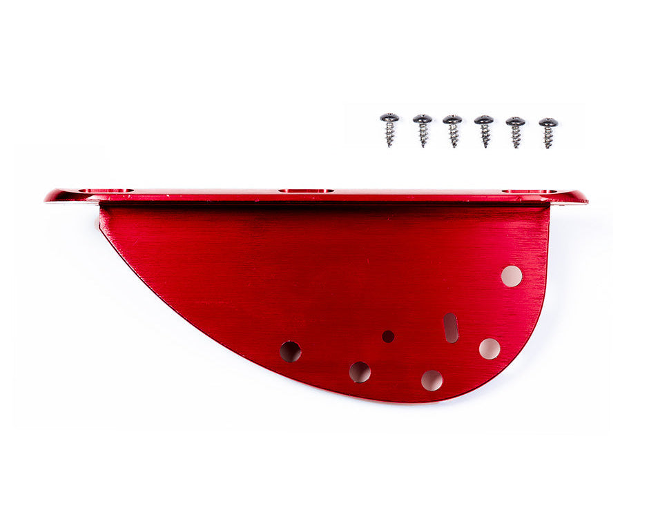 Red O'Brien Arc Fin featuring a curved profile, multiple holes, and mounting screws.