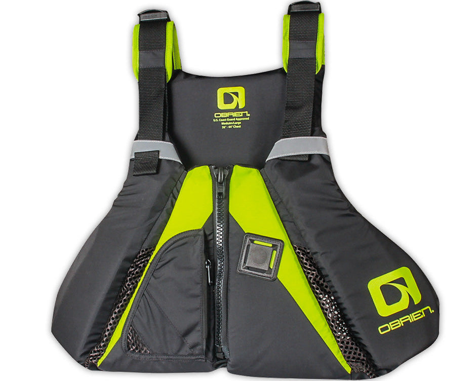 Black and green O'Brien Arsenal SUP Life Jacket with adjustable straps and front zipper.