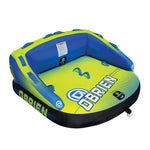Angled view of the blue and yellow O'Brien Baller 2, a two-rider tube with a backrest, handles, and a soft top.