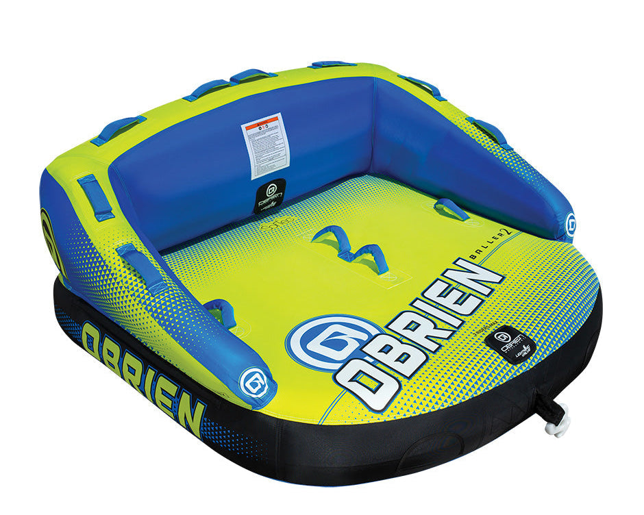 Angled view of the blue and yellow O'Brien Baller 2, a two-rider tube with a backrest, handles, and a soft top.