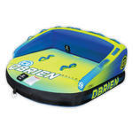 Angled view of the blue and yellow O'Brien Baller 3, a three-rider tube with a backrest, handles, and a soft top.