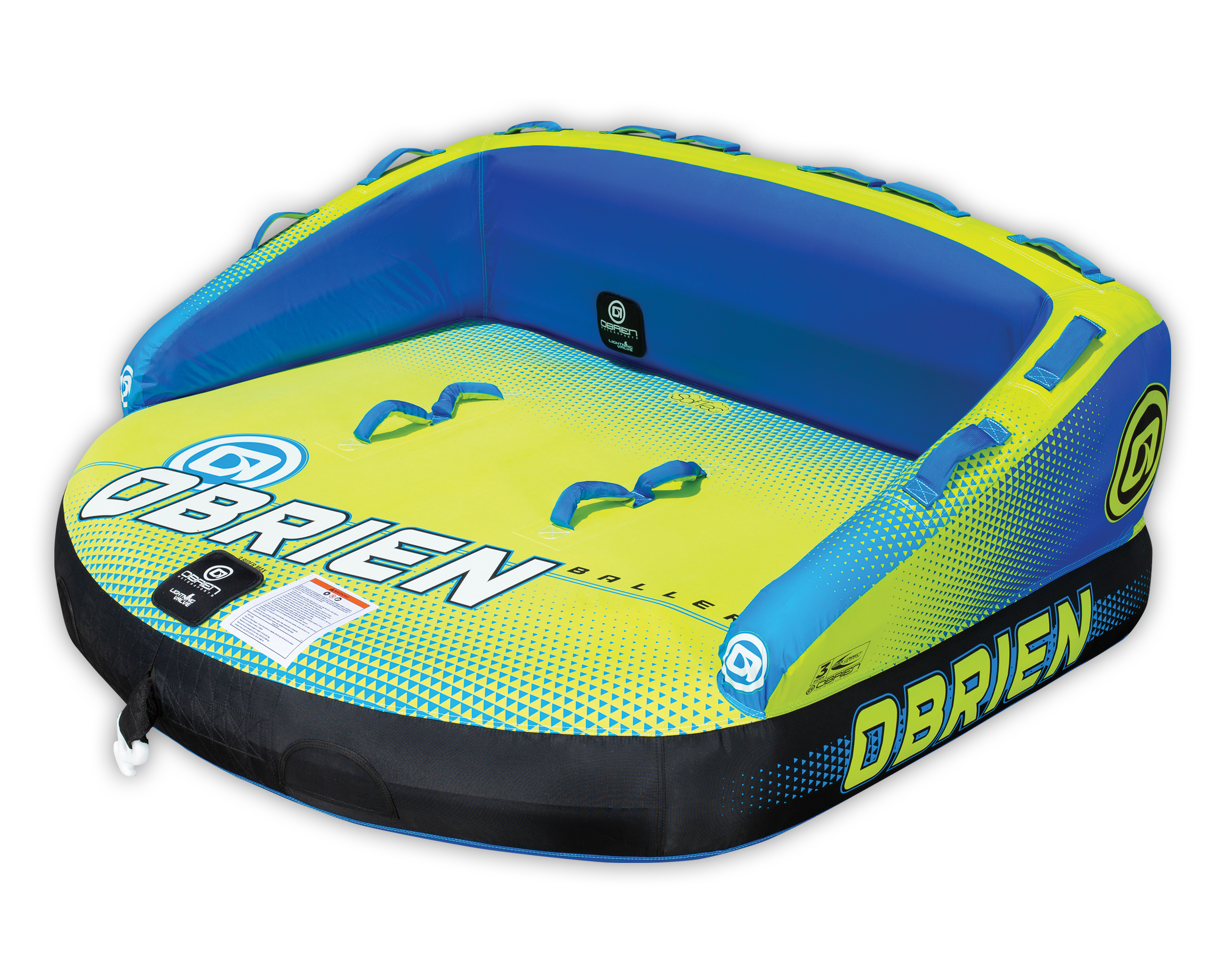 Angled view of the blue and yellow O'Brien Baller 3, a three-rider tube with a backrest, handles, and a soft top.