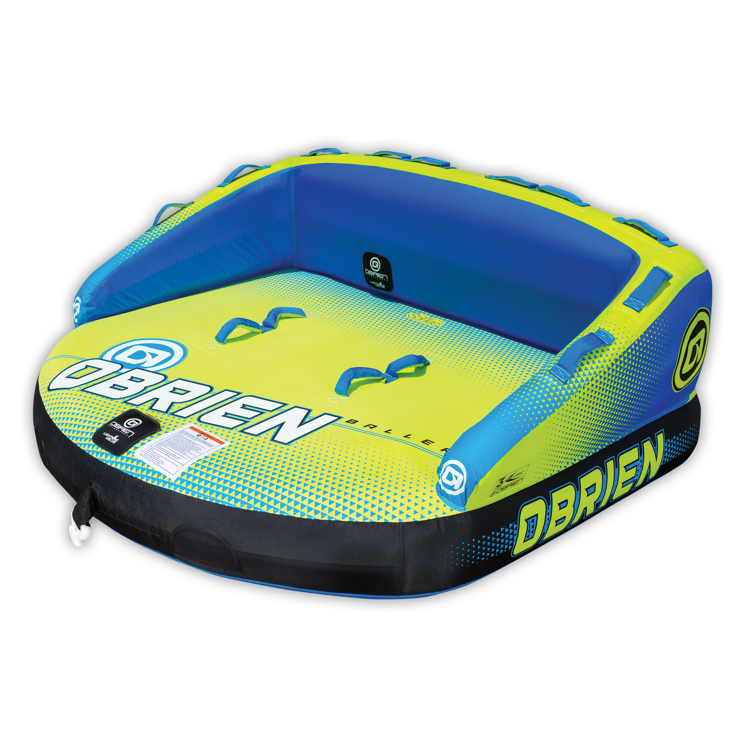 Angled view of the blue and yellow O'Brien Baller 3, a three-rider tube with a backrest, handles, and a soft top.