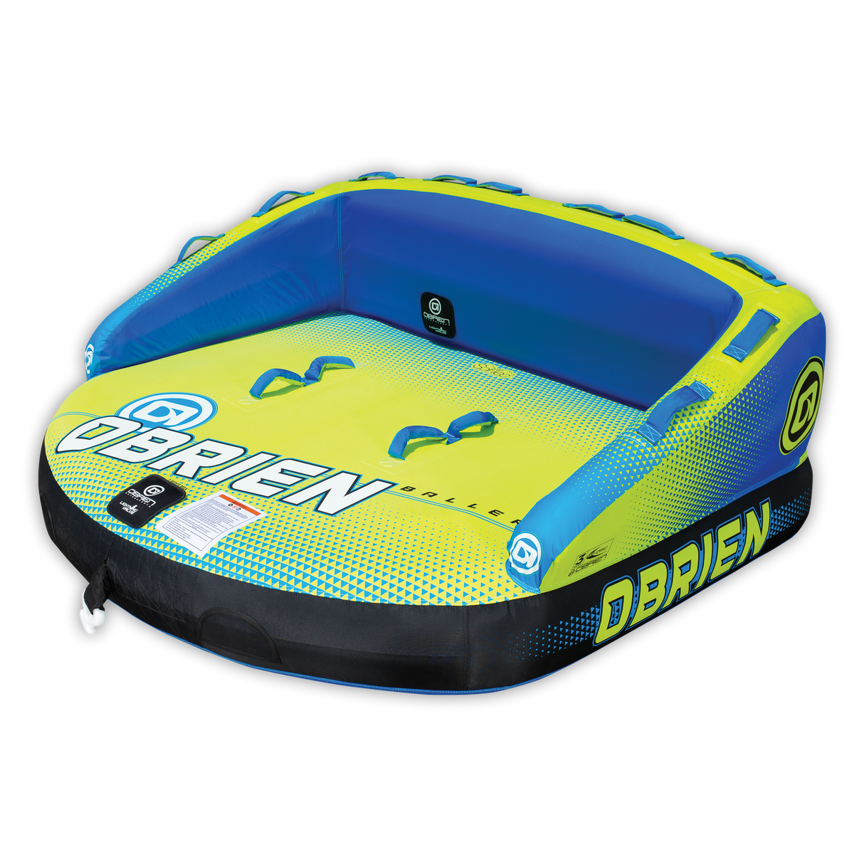 Angled view of the blue and yellow O'Brien Baller 3, a three-rider tube with a backrest, handles, and a soft top.