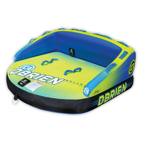 Angled view of the blue and yellow O'Brien Baller 3, a three-rider tube with a backrest, handles, and a soft top.