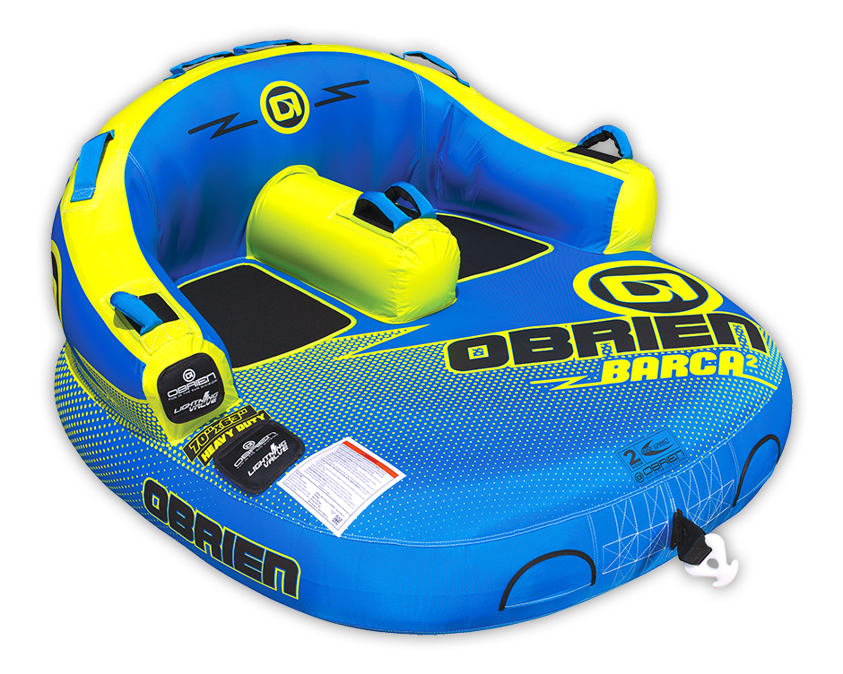 Angled view of the blue and yellow O'Brien Barca 2, a two-rider towable tube with backrests and padded seats.