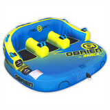 Angled view of the blue and yellow O'Brien Barca 3, a three-rider towable tube with backrests and padded seats.