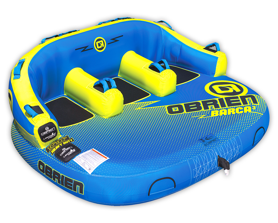 Angled view of the blue and yellow O'Brien Barca 3, a three-rider towable tube with backrests and padded seats.
