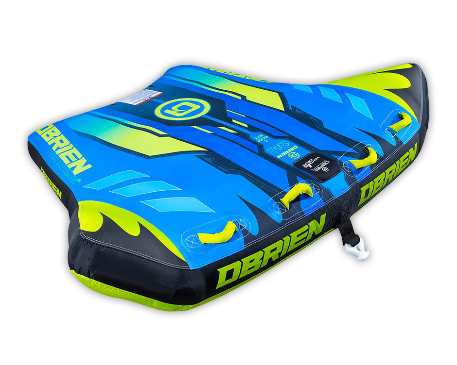 Angled view of the blue and black O'Brien Bat Wing 2, a two-rider towable tube with a unique winged shape.