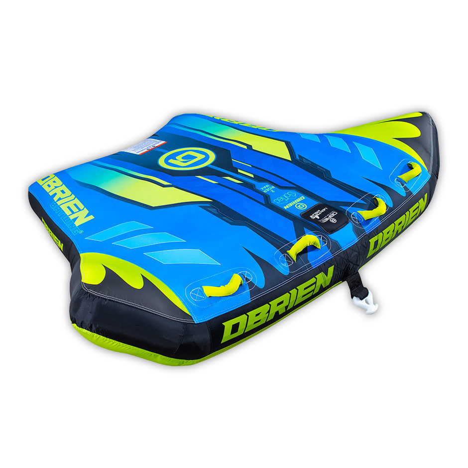 Angled view of the blue and black O'Brien Bat Wing 2, a two-rider towable tube with a unique winged shape.