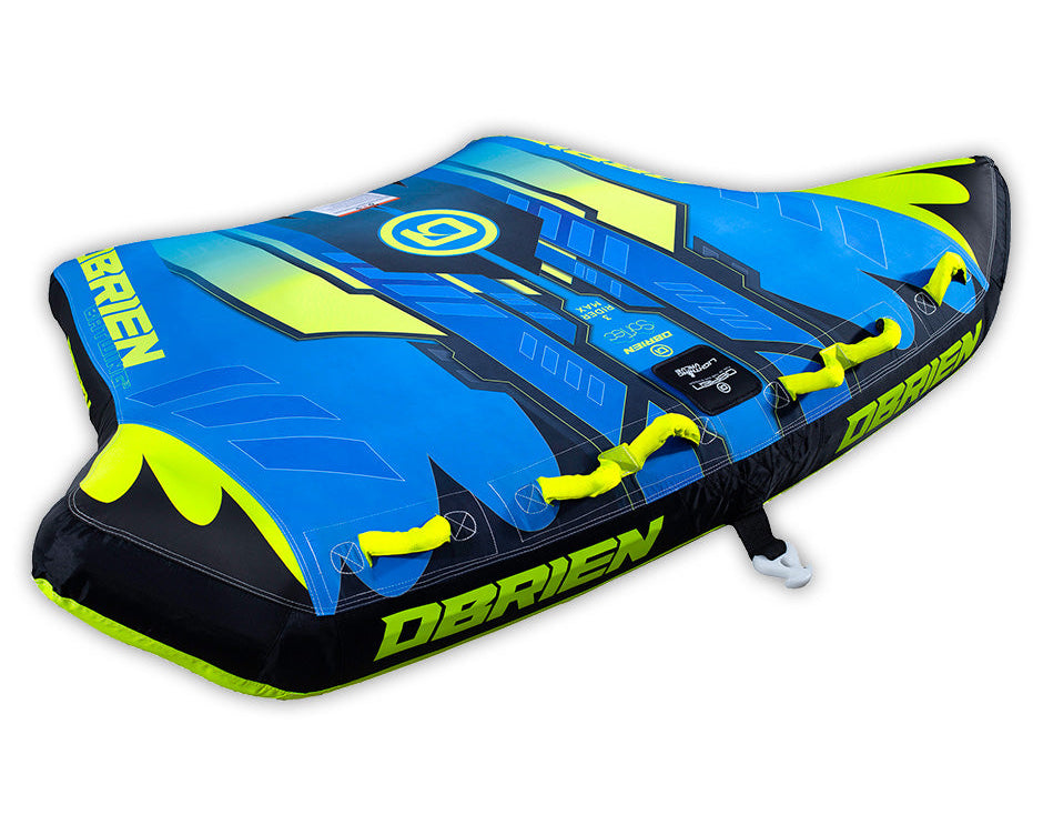 Angled view of the O'Brien Bat Wing 3 Boat Tube, a blue and black inflatable towable with yellow handles and bold graphics.