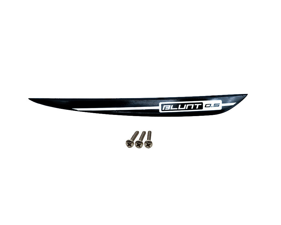 Black O'Brien Blunt 0.5 wakeboard fin with white accents, shown with three mounting screws.