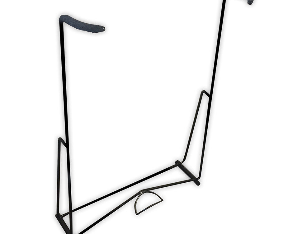 O'Brien Board Stand in black metal with padded arms for secure board storage.