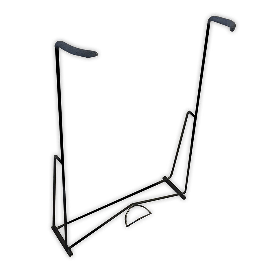 O'Brien Board Stand in black metal with padded arms for secure board storage.