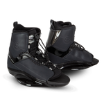 O'Brien Border Wakeboard Bindings in black with a lace-up closure, high ankle support, and a glossy reinforced base.