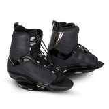 O'Brien Border Wakeboard Bindings in black with a lace-up closure, high ankle support, and a glossy reinforced base.