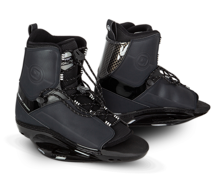 O'Brien Border Wakeboard Bindings in black with a lace-up closure, high ankle support, and a glossy reinforced base.