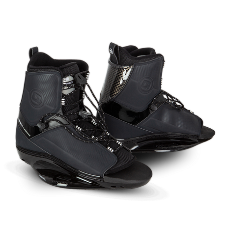 O'Brien Border Wakeboard Bindings in black with a lace-up closure, high ankle support, and a glossy reinforced base.